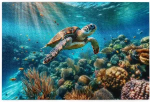 1000 Pcs Jigsaw Puzzle - Coral Reef Guardian, Sea Turtle Swimming Through Vibrant Underwater World With Fish,Pleasure Both Body And Mind,Gift For Friend