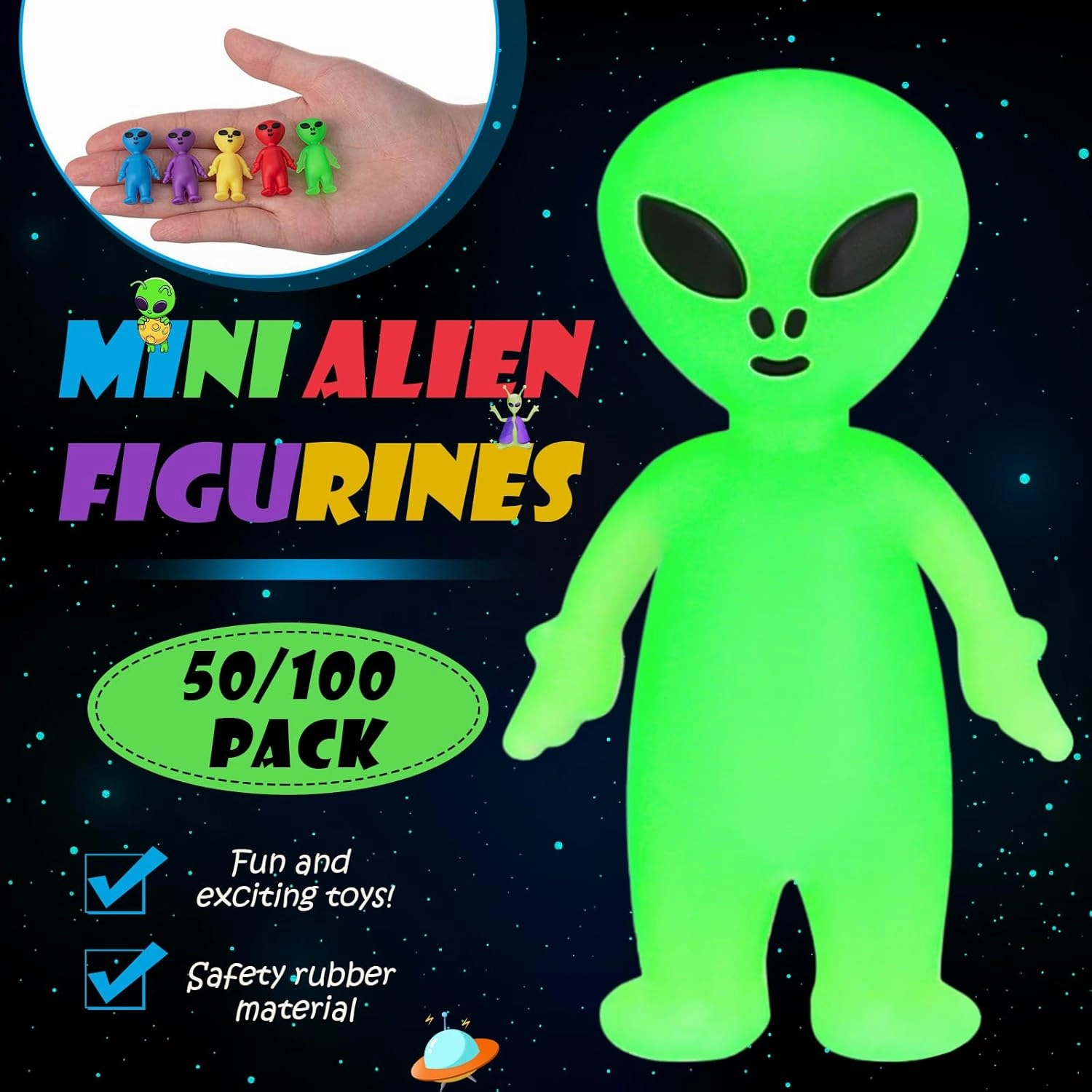 100 Pcs Mini Alien Figures Bulk Colorful Glow in The Dark Small Little Alien Figurines for Space Party Favors Hide and Seek Rubber Tiny Toy Action Figure for Easter Birthday Goodie Bag