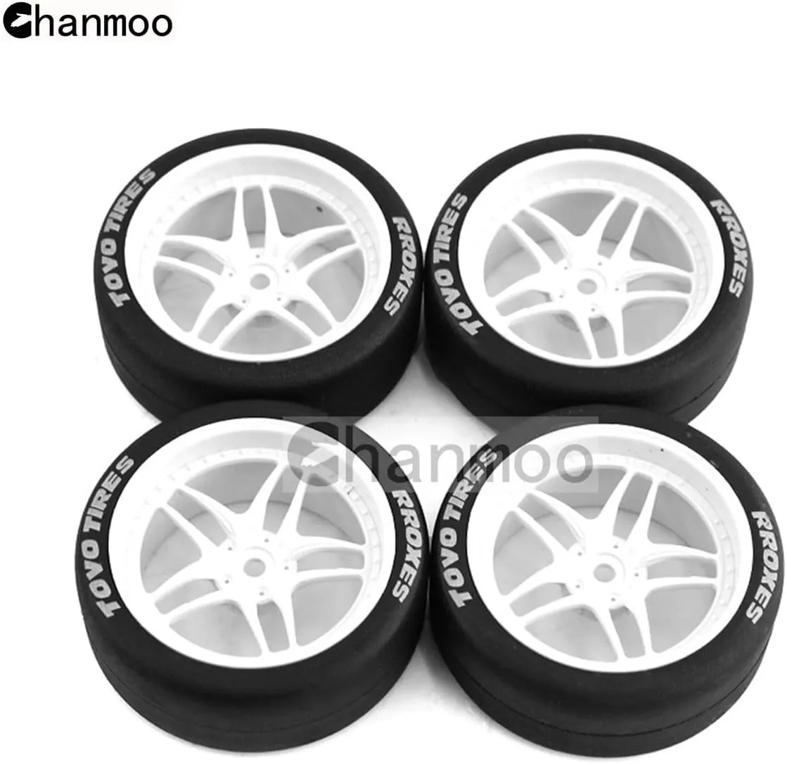 1/10 RC Drift Tires and Plastic Wheels Rims Rally Racing Tyres 12mm Hex for 1:10 Scale On Road Touring Street Car Tamiya Traxxas HPI KYOSHO XV02 XV01 TT01 TT02 PTG2 A959 4PCS (C White)