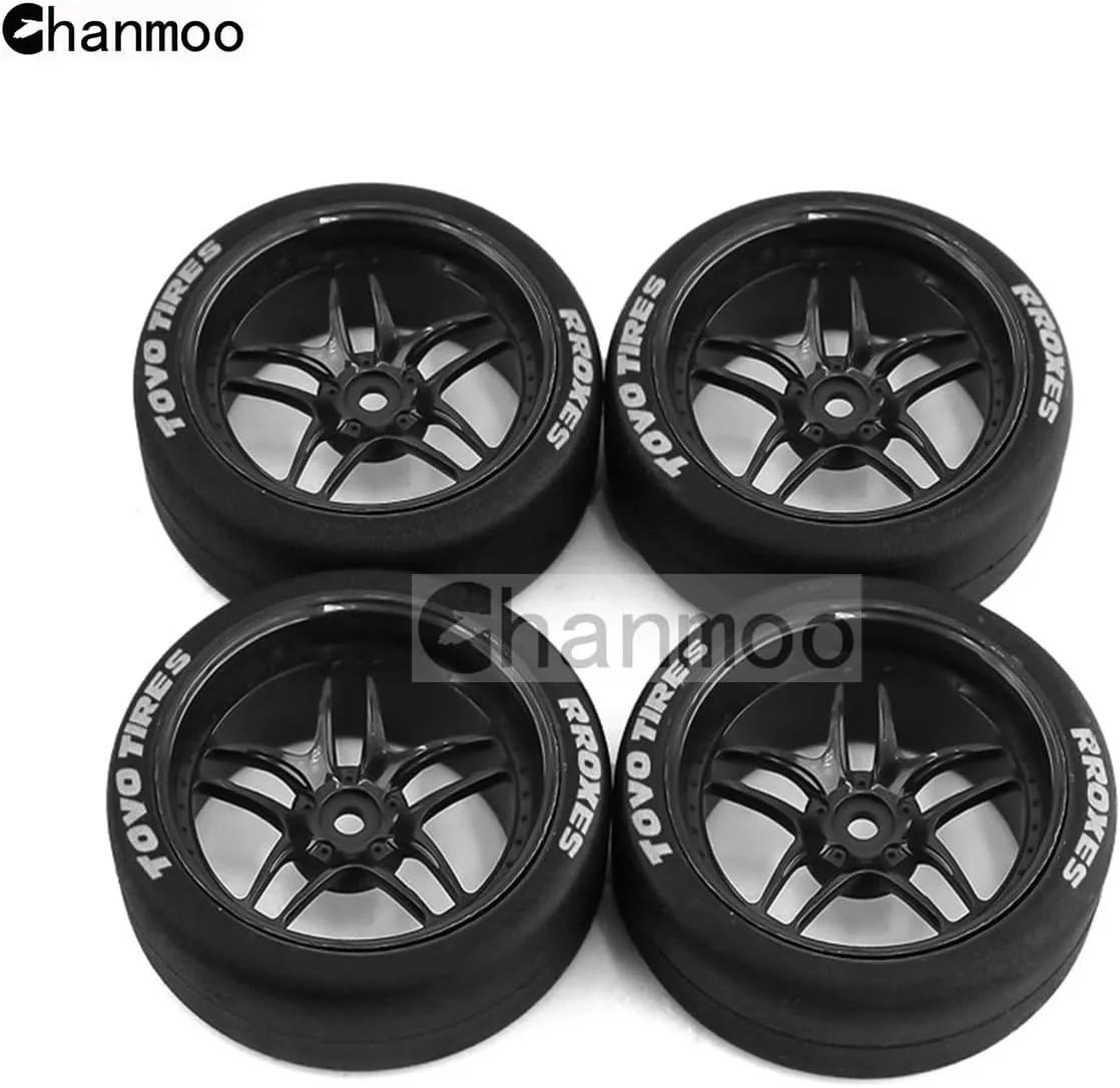 1/10 RC Drift Tires and Plastic Wheels Rims Rally Racing Tyres 12mm Hex for 1:10 Scale On Road Touring Street Car Tamiya Traxxas HPI KYOSHO XV02 XV01 TT01 TT02 PTG2 A959 4PCS (C White)