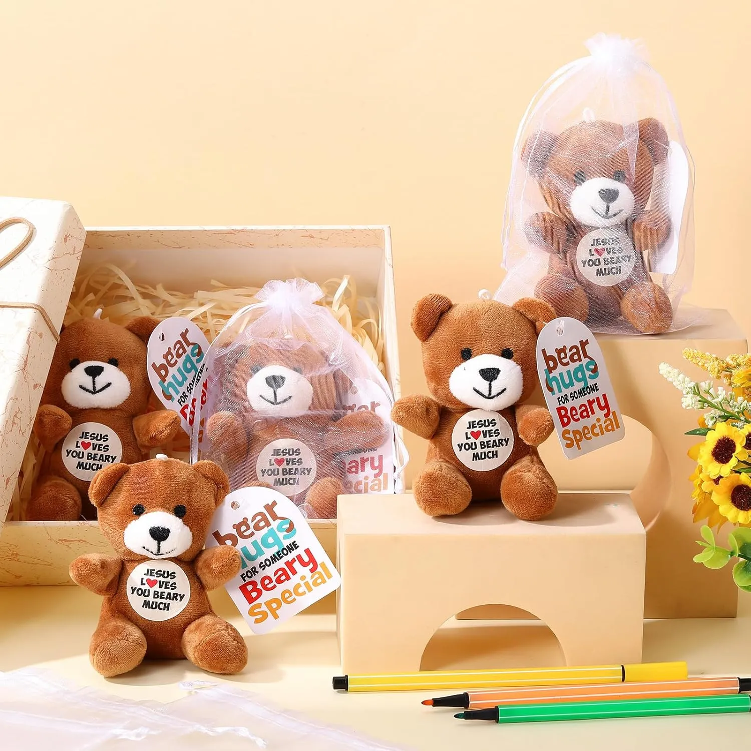 12 Pcs Jesus Loves You Beary Much Stuffed Bears Gifts 4" Religious Plush Christian Bible Verse Bears for Religious VBS Party Favor Gift Box Stuffers