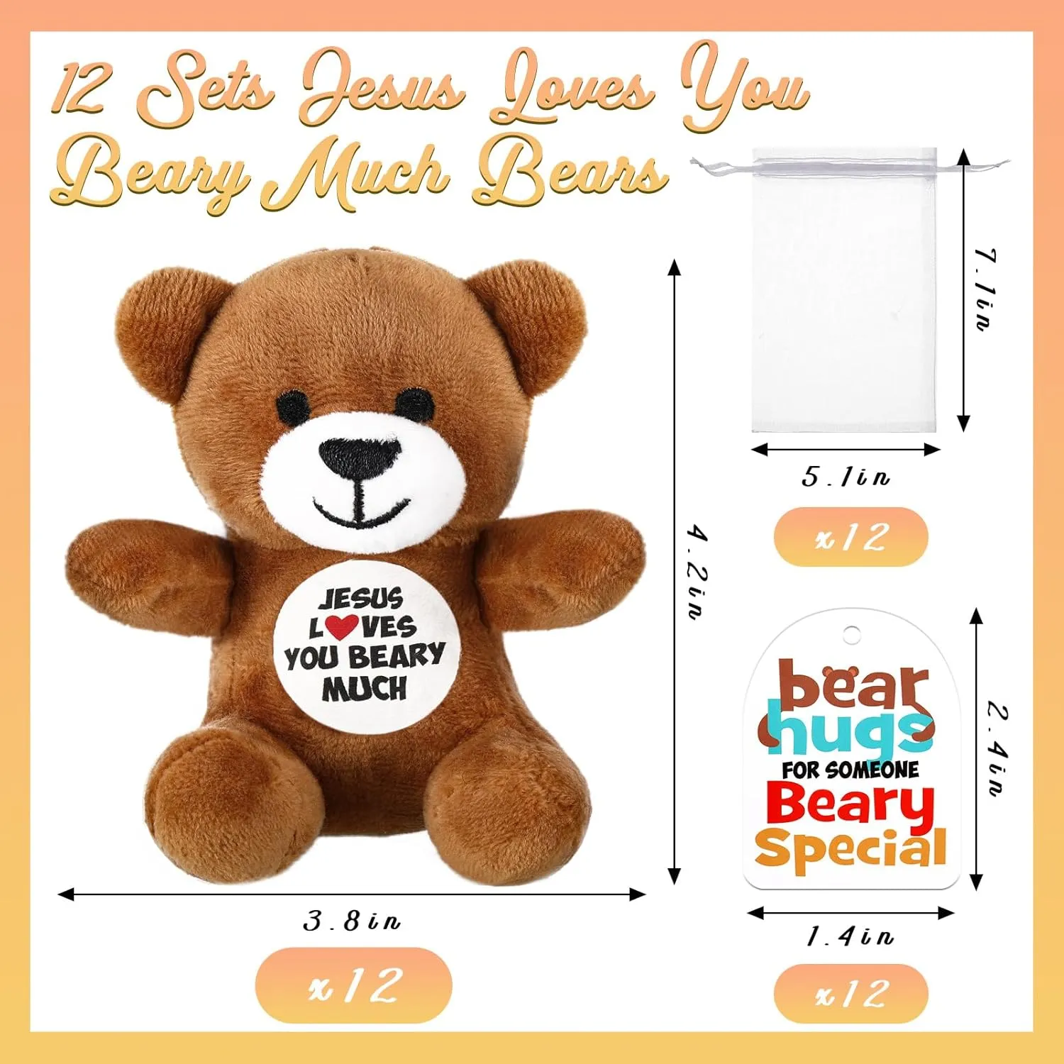 12 Pcs Jesus Loves You Beary Much Stuffed Bears Gifts 4" Religious Plush Christian Bible Verse Bears for Religious VBS Party Favor Gift Box Stuffers