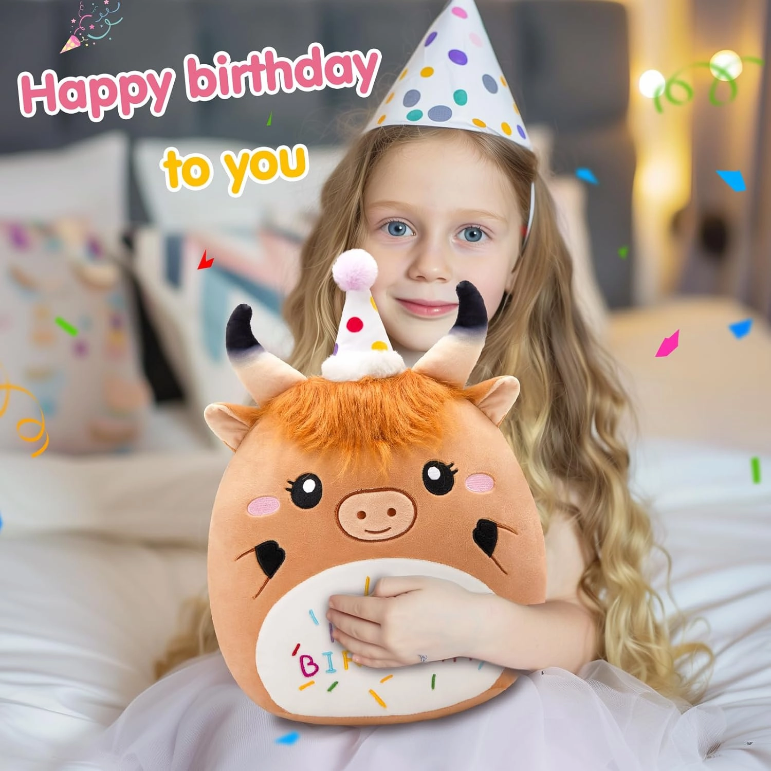 12'' Happy Highland Cow Plush Pillow, Soft Birthday Plushies, Cute Stuffed Animal, Happy Birthday Plush Toy Party Decor