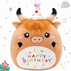 12'' Happy Highland Cow Plush Pillow, Soft Birthday Plushies, Cute Stuffed Animal, Happy Birthday Plush Toy Party Decor