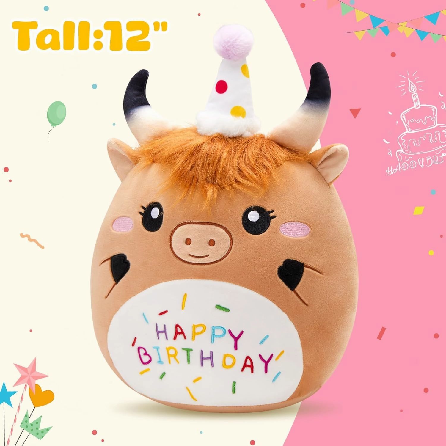 12'' Happy Highland Cow Plush Pillow, Soft Birthday Plushies, Cute Stuffed Animal, Happy Birthday Plush Toy Party Decor