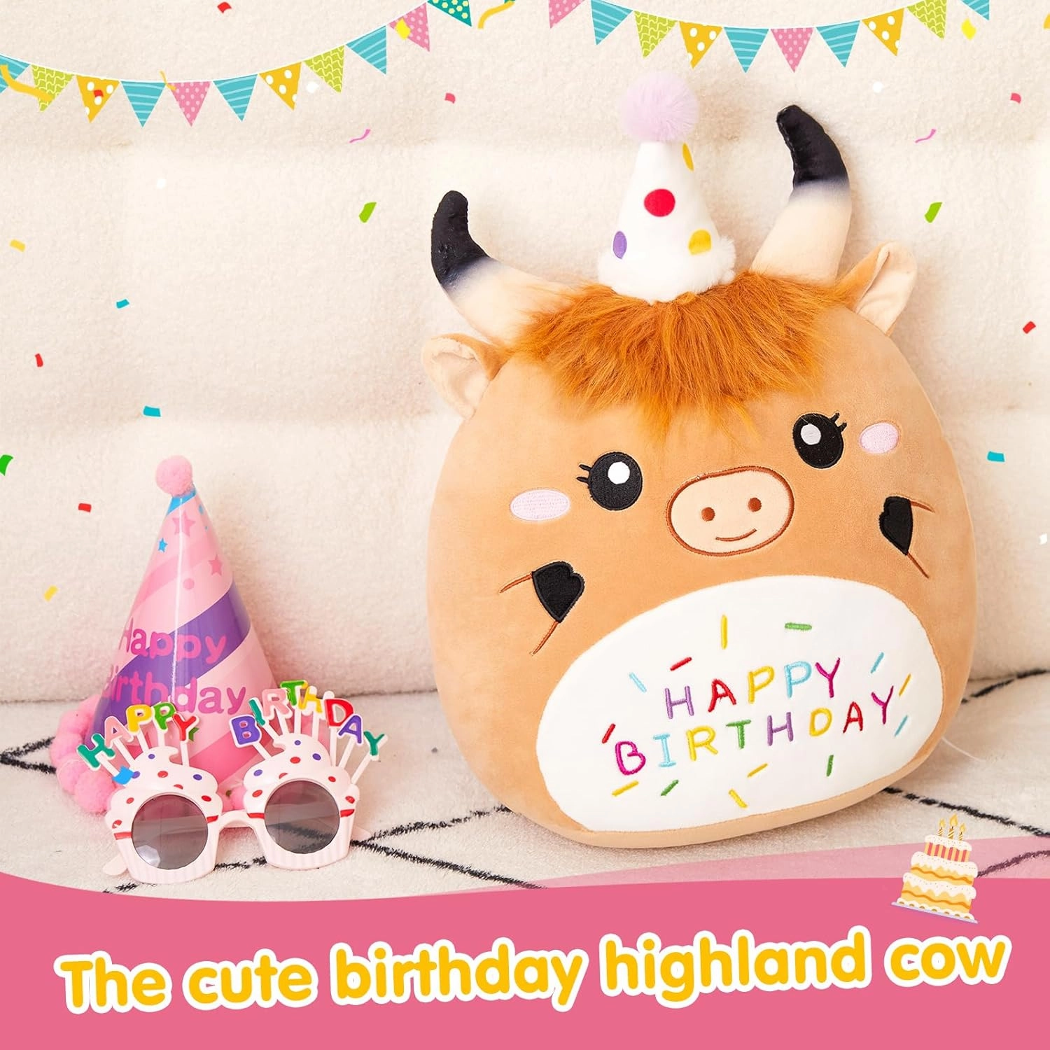 12'' Happy Highland Cow Plush Pillow, Soft Birthday Plushies, Cute Stuffed Animal, Happy Birthday Plush Toy Party Decor