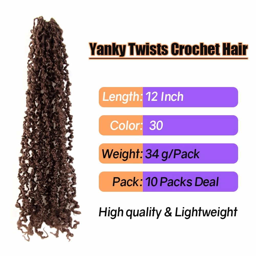 12 Inch 10 Packs Yanky Twist Crochet Hair Pre-twisted Light Brown Kinky Mini Spring Twist Small Curly Senegalese Twist Braids (30#), 30#(Medium Dark Brown)