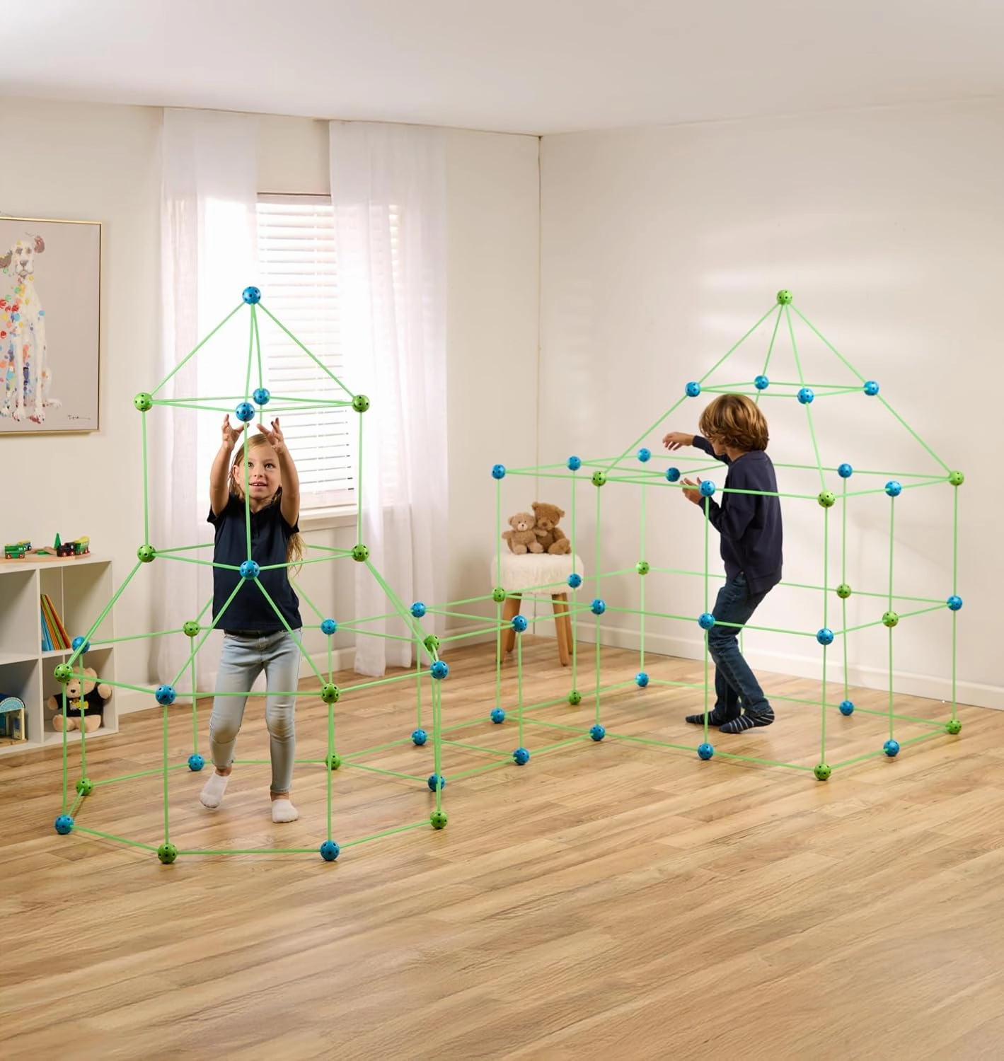 132 Piece Glow in The Dark Fort Building Kit - Indoor Play Engineering Set with Connecting Sticks & Balls - Creative STEM Building Toys for Kids Play Spaces, Tents & Hideouts