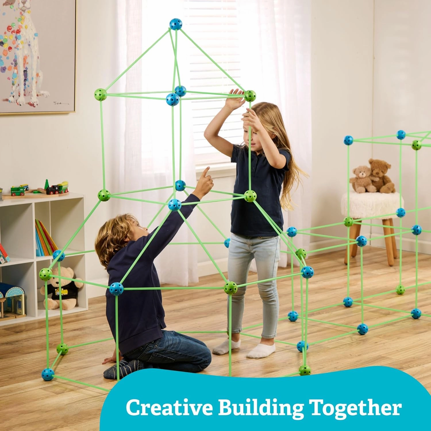 132 Piece Glow in The Dark Fort Building Kit - Indoor Play Engineering Set with Connecting Sticks & Balls - Creative STEM Building Toys for Kids Play Spaces, Tents & Hideouts