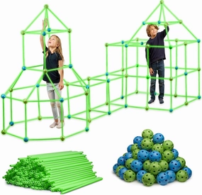 132 Piece Glow in The Dark Fort Building Kit - Indoor Play Engineering Set with Connecting Sticks & Balls - Creative STEM Building Toys for Kids Play Spaces, Tents & Hideouts