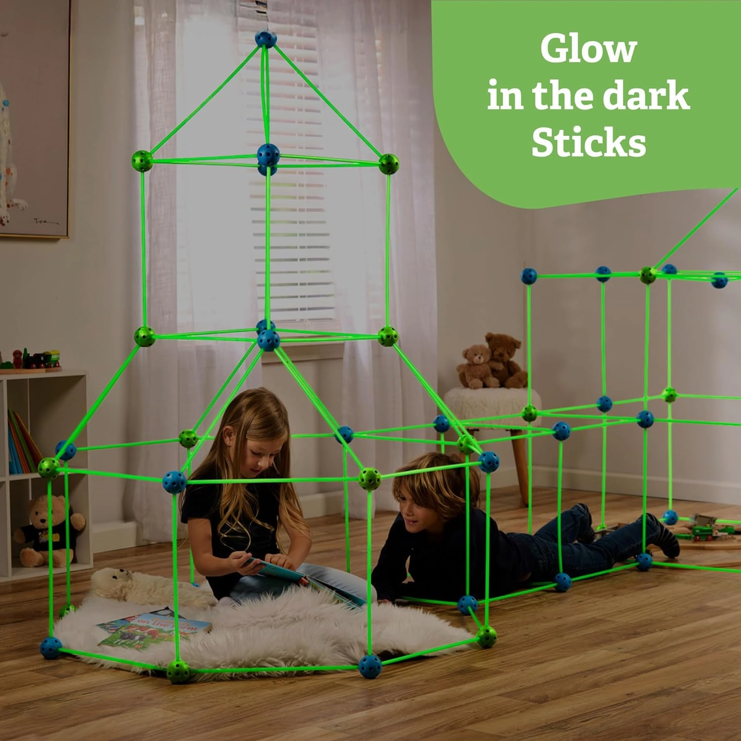 132 Piece Glow in The Dark Fort Building Kit - Indoor Play Engineering Set with Connecting Sticks & Balls - Creative STEM Building Toys for Kids Play Spaces, Tents & Hideouts