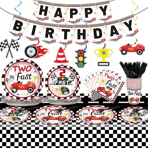 184pcs Two Fast Birthday Party Supplies Set Includes Racing Car Plates Napkins Tablecloth Swirl Banner Tableware Kit Dispose 2nd Birthday Table Decorations Favors, Serve 25