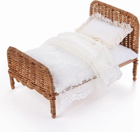 1:12 Dollhouse Furniture Bed, 1 Set Miniature Fairy Pastoral Style Brown Rattan Bed with Removable Lace Bedding, Modemn Bedroom Furniture Accessories Set