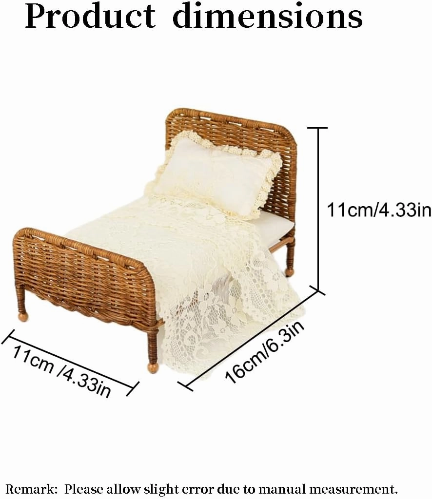 1:12 Dollhouse Furniture Bed, 1 Set Miniature Fairy Pastoral Style Brown Rattan Bed with Removable Lace Bedding, Modemn Bedroom Furniture Accessories Set