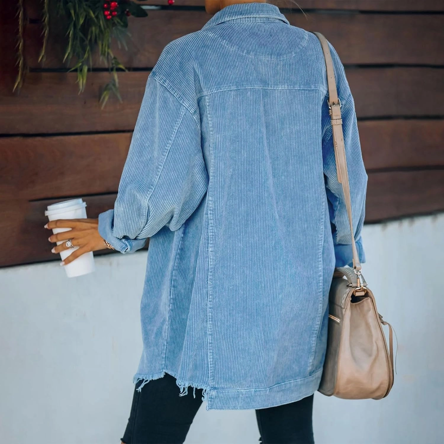 2023 Womens Corduroy Shacket Jacket Fall Long Sleeve Button Down Shirt Jackets Trendy Distressed Retr Coat with Pockets