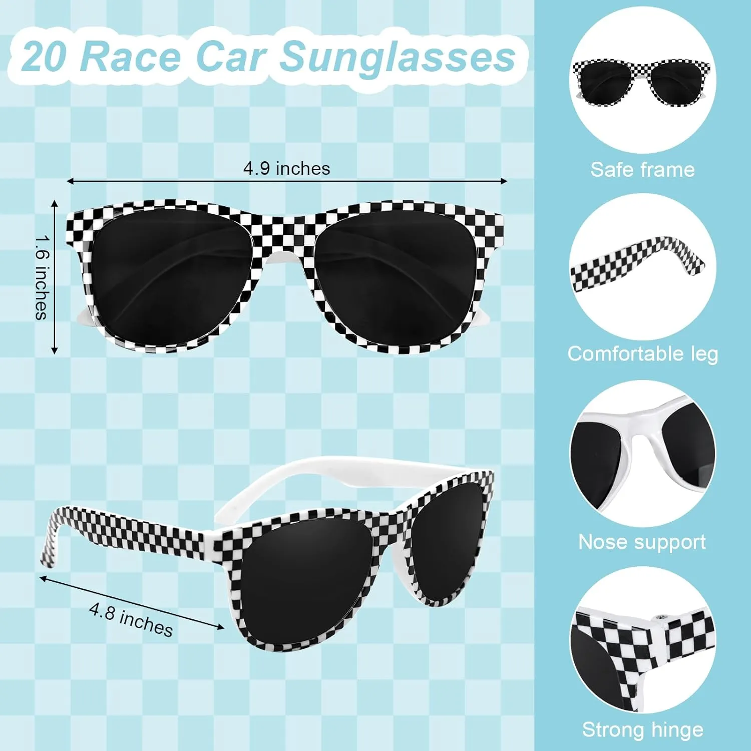 20/40 PCS Race Car Checkered Sunglasses Flag Wristbands Black White Checker Sunglasses for Racing Theme Party Summer