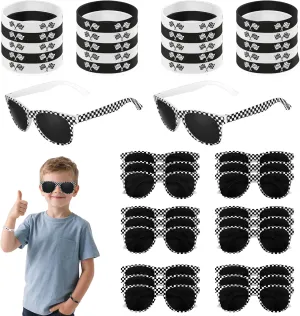 20/40 PCS Race Car Checkered Sunglasses Flag Wristbands Black White Checker Sunglasses for Racing Theme Party Summer