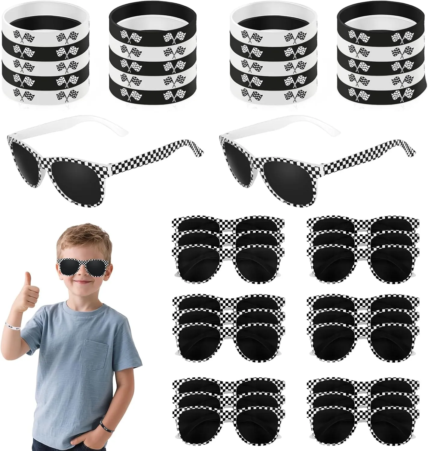 20/40 PCS Race Car Checkered Sunglasses Flag Wristbands Black White Checker Sunglasses for Racing Theme Party Summer