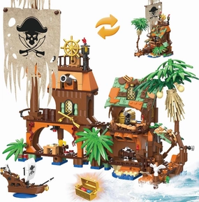 2 Styles Pirate Island Building Block Set - 833PCS Transforming Pirate Wharf & Ship, STEM Bricks Kit for Kids Ages 6-12 , Creative Toy with Treasure Chest