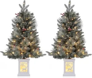 3 ft Pre-Lit Artificial Christmas Tree, Mini Snow Folocked Christmas Tree with 78 LED Lights, White Lighting Elk Base Tabletop Small Xmas Tree for Home Office Party Holiday Indoor Decor, 2 Pack