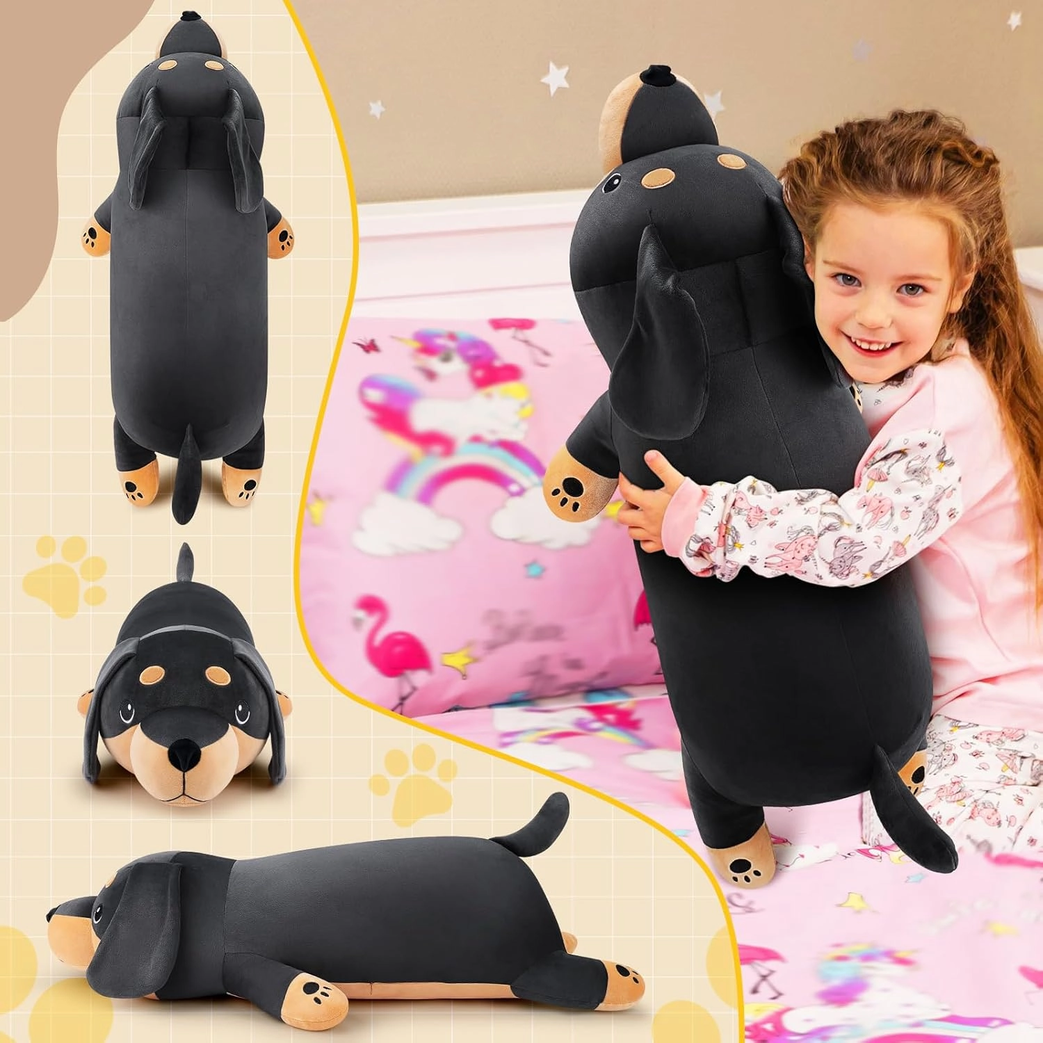 30'' Giant Black Dachshund Dog Plush Stuffed Animal- Black Weiner Dog Plush Pillow Plushies, Large Dachshund Plush Toy, Cute Hugging Weiner Dog Stuffed Animal, Birthday Gifts for Kids Girls Boys