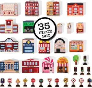 35 Piece Wooden City Play Set - Wooden Town Buildings and Traffic Signs for Play Mats, Toy Cars and Trains - Street Signs Educational Preschool Track Accessories Community Helpers