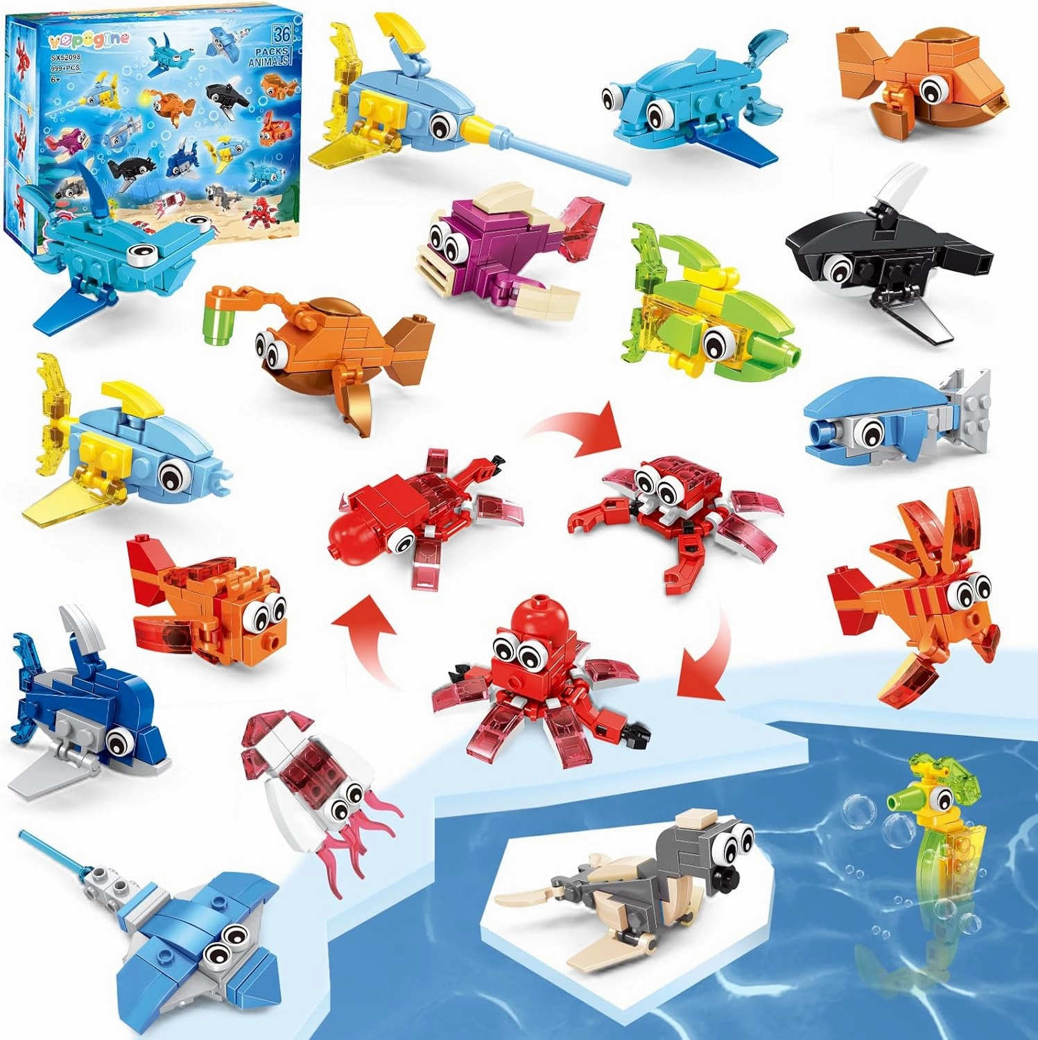 36 Packs Marine Animals Building Blocks Toy, Party Favors for Kids, 999PCS Building Set, Classroom Prizes, Goodie Bag Stocking Stuffers, Ideal for Boys and Girls Ages 6-12 