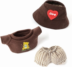 3-Piece Doll Clothes for 17cm Doll – Stylish Fisherman Hat Set, Kawaii Doll Outfits with Accessories for Collectors or Display - Coffee Bear (No Doll)