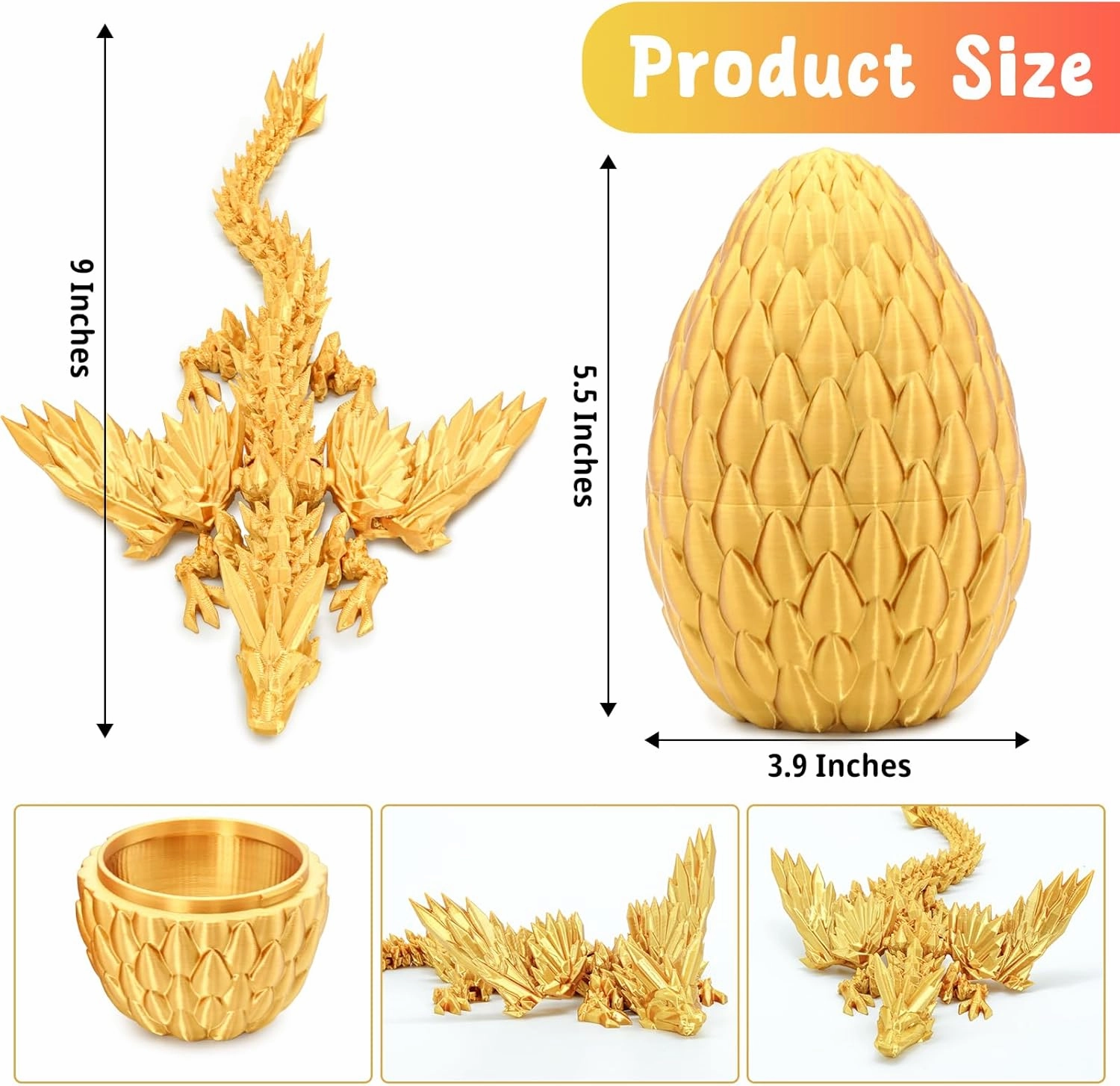 3D Printed Flying Dragon Egg with Articulated Dragon Inside – Toys&Gifts for Kids,Home Decor,Creative Ornaments,Birthday,Easter (Golden,Medium)