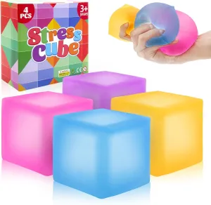 4 Pack Stress Cube Fidget Toys Large Size Squishy Stress Balls for Adults Kids, Sensory Calming Toys Slow Rising for Relaxation, Squishies Anxiety Stress Relief Toy with Thick Substance