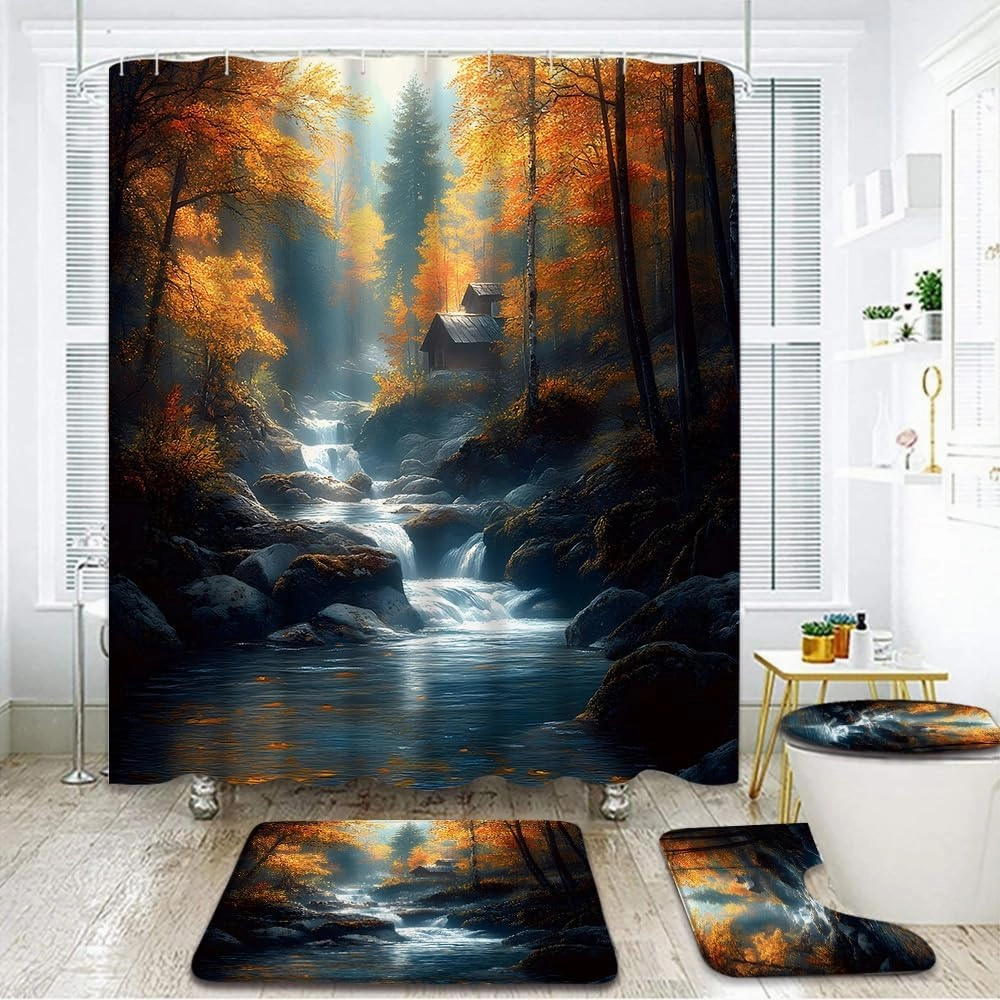 4 Piece Autumn Waterfall Shower Curtain Set with Rugs, Toilet Lid Cover,Misty Forest Maple Tree Rustic Cabin Jungle River Stream Rocks Country Nature Landscape Bathroom Shower Curtain with Hooks