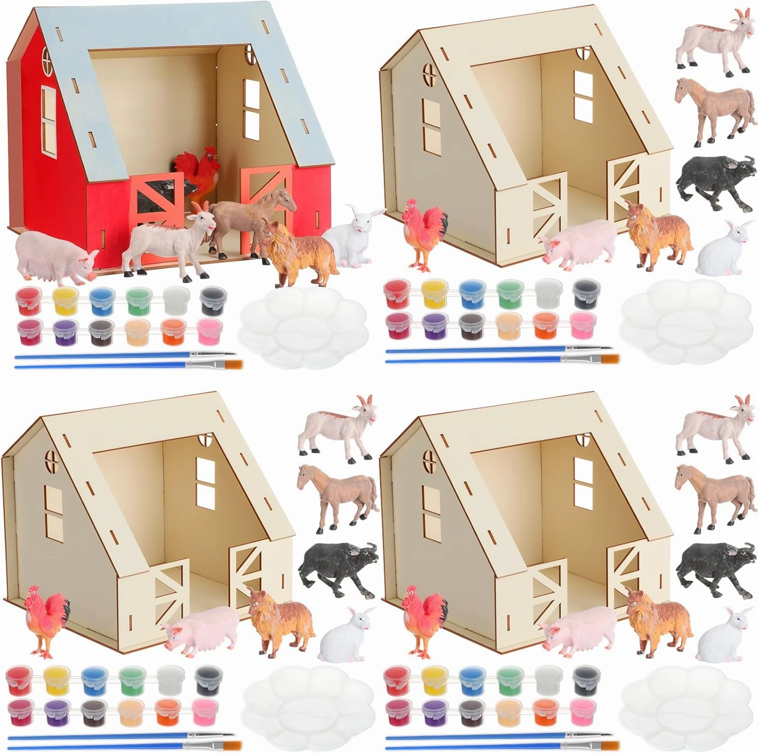4 Set DIY Wooden Barn Craft Kits for Kids Party Favors Farm Animals House Toys Large Wooden Barn with Animal Play Figures Horses Stablemates Paint Easter Birthday Gifts for Toddler