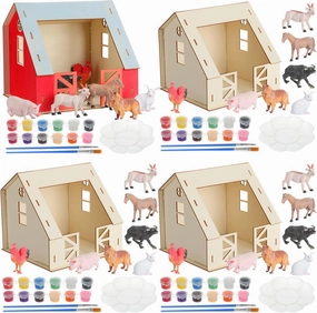 4 Set DIY Wooden Barn Craft Kits for Kids Party Favors Farm Animals House Toys Large Wooden Barn with Animal Play Figures Horses Stablemates Paint Easter Birthday Gifts for Toddler