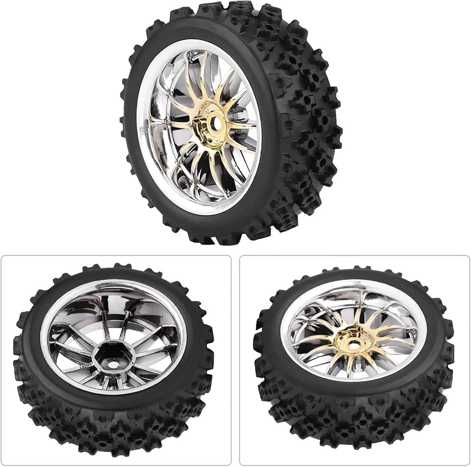 4Pcs Toy Car Wheels 50mm Hub Rubber Tires Racing Off Road Vehicle Tires Rubber Tyre Wheel Rim for 1/10 RC Car DIY Model Accessories (Golden)