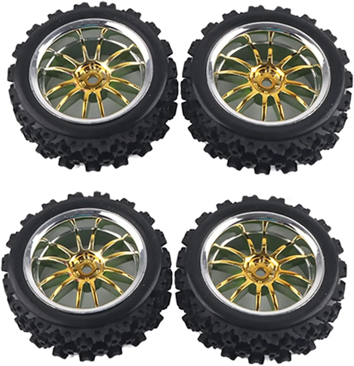 4Pcs Toy Car Wheels 50mm Hub Rubber Tires Racing Off Road Vehicle Tires Rubber Tyre Wheel Rim for 1/10 RC Car DIY Model Accessories (Golden)