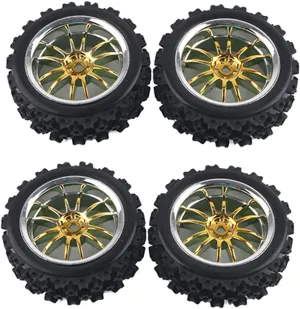 4Pcs Toy Car Wheels 50mm Hub Rubber Tires Racing Off Road Vehicle Tires Rubber Tyre Wheel Rim for 1/10 RC Car DIY Model Accessories (Golden)