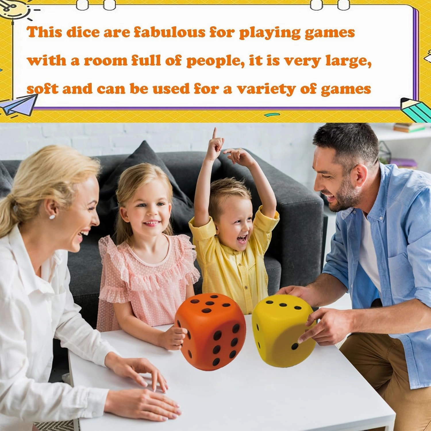 5.9inches/15cm Gaint PU Foam Dice-Large Foam Dices with Dots, Great Soft Dices for Parent-Child Activities Stress-reducing Toys Educational Activities (Yellow)