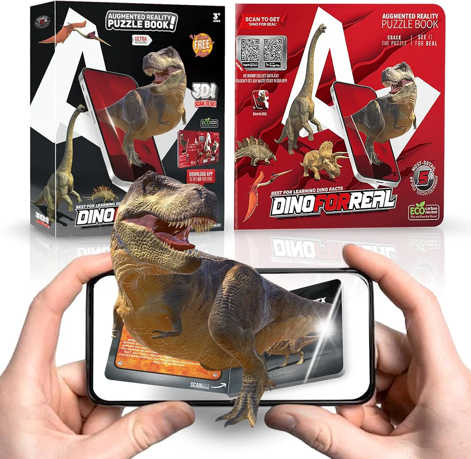 5in1 3D Dinosaur Augmented Reality Puzzle Book with Free Interactive App, Ideal Dinosaur Toys Flashcards for Kids 3 , Educational Toddler Puzzles for Home and Classroom Use, Best to Learn Dino Facts