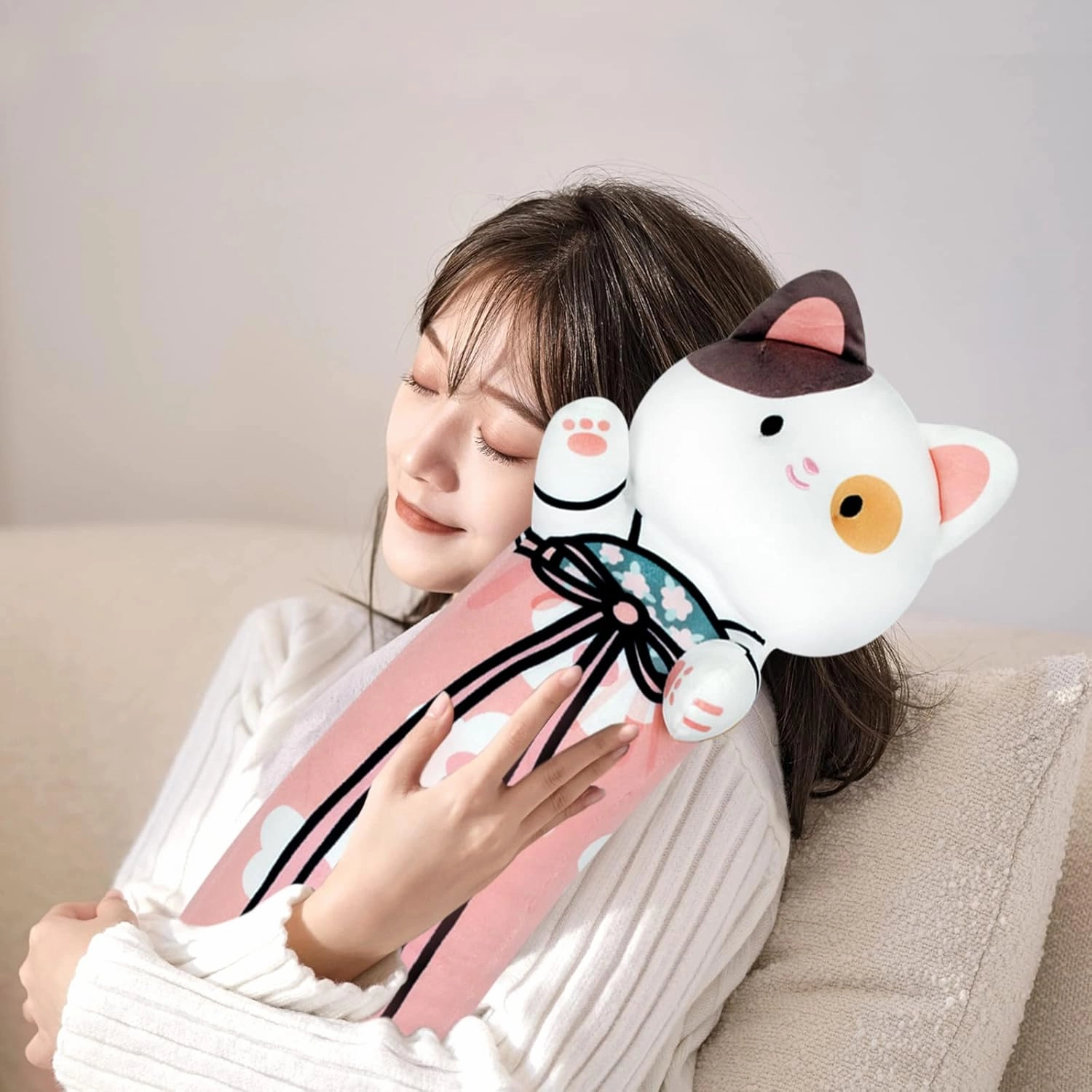 70cm Long Cat Plush Body Pillow - 28' Cherry Blossom Cute Cat Plush Soft & Huggable Throw Pillow for Girls, Boys & Lovers - Pink, 27.6in/70cm