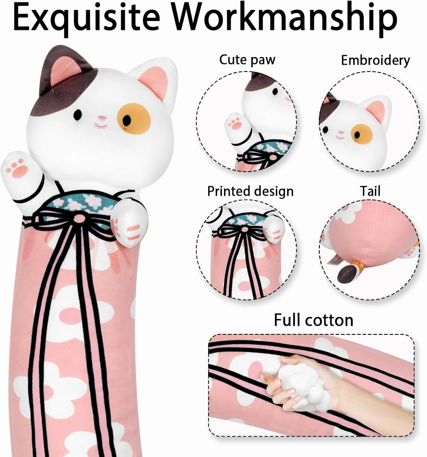 70cm Long Cat Plush Body Pillow - 28' Cherry Blossom Cute Cat Plush Soft & Huggable Throw Pillow for Girls, Boys & Lovers - Pink, 27.6in/70cm