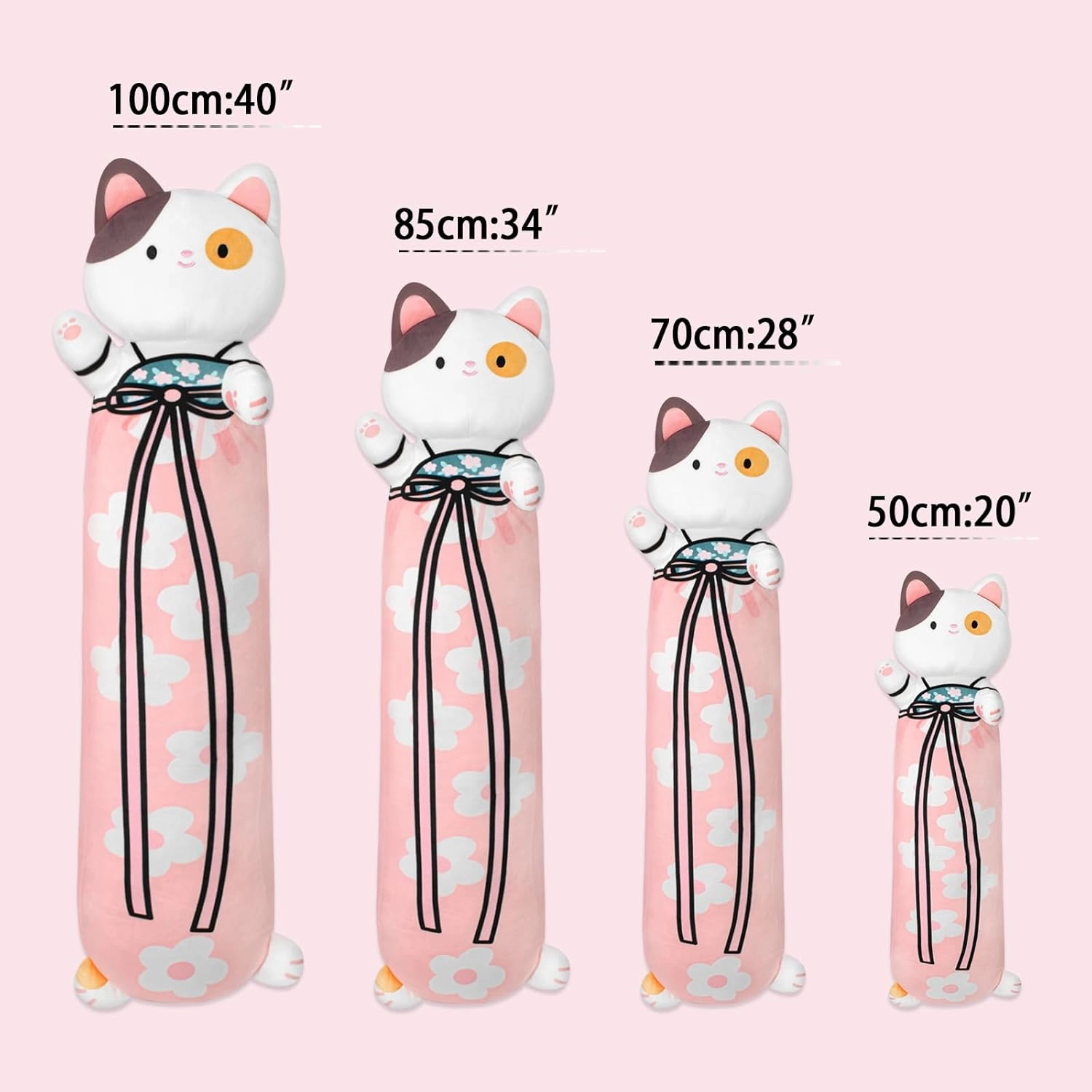 70cm Long Cat Plush Body Pillow - 28' Cherry Blossom Cute Cat Plush Soft & Huggable Throw Pillow for Girls, Boys & Lovers - Pink, 27.6in/70cm