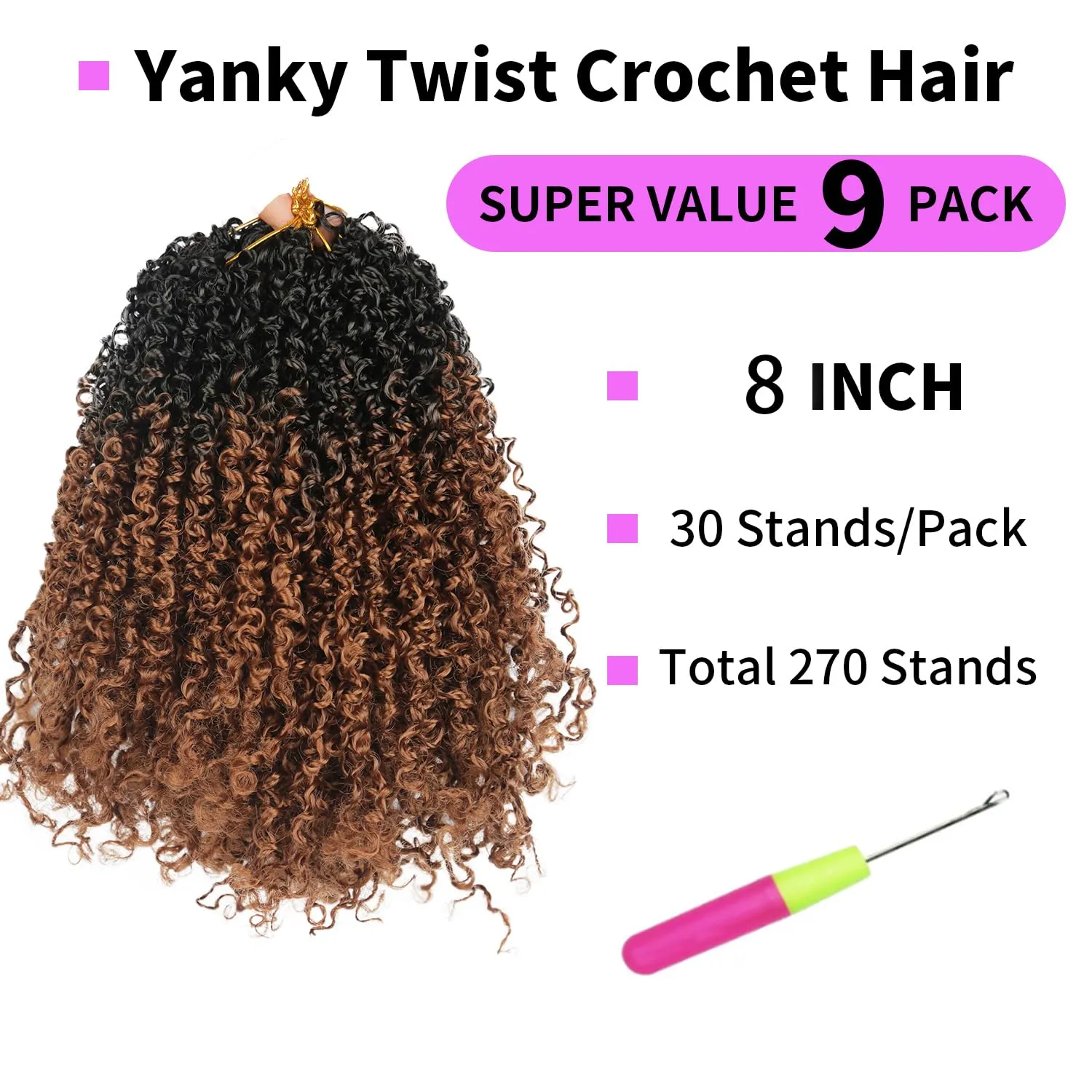 8 Inch Yanky Twist Crochet Hair 9 Packs (270 Strands Total) Pre-looped Yankee Twist Hair Crochet Braids for Women,Senegalese Twists Crochet Hair with Curly Ends Synthetic Crochet Braids (OT1B/30)