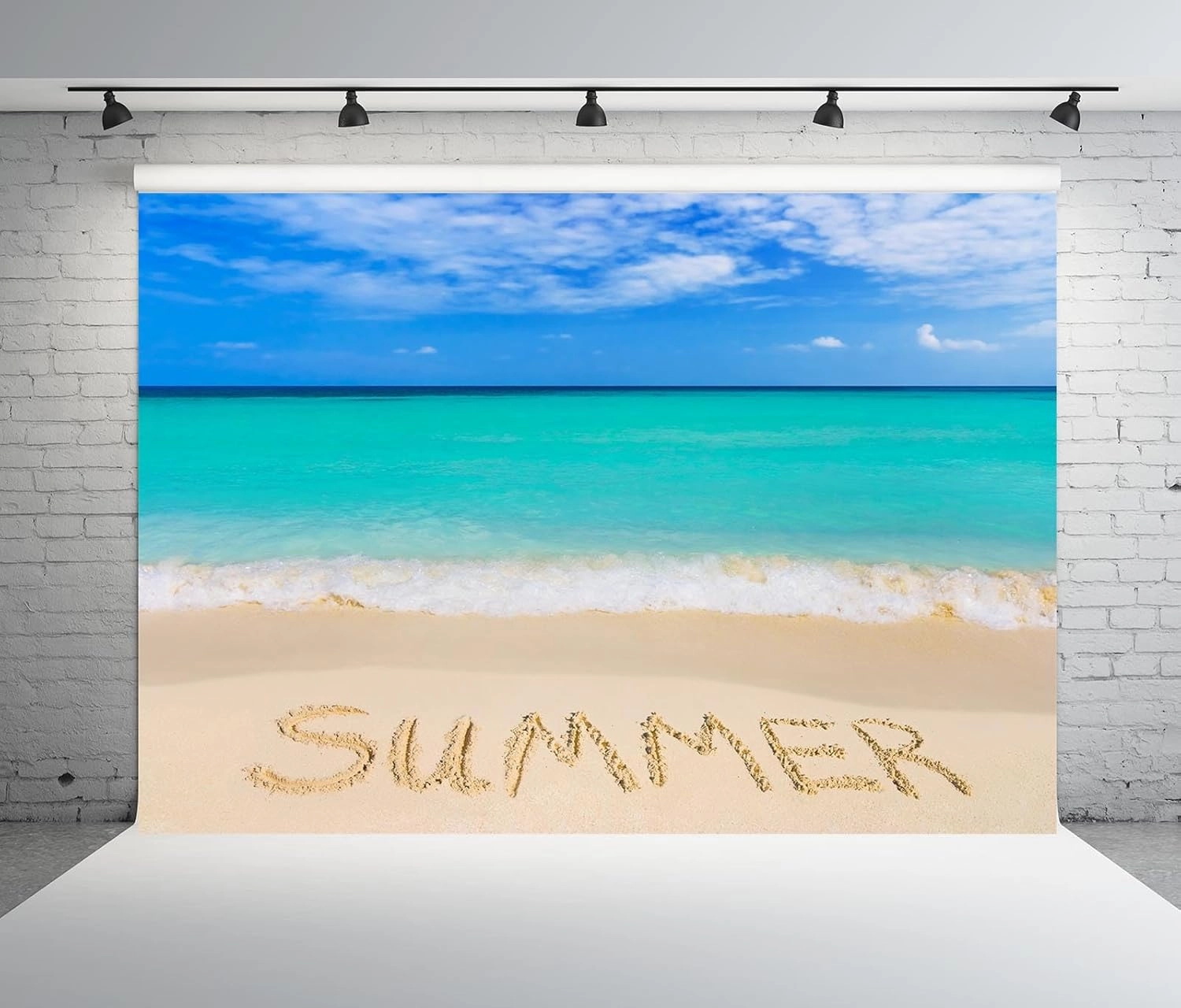8x6 Fabric Summer Beach Backdrop Tropical Beach with Word Summer Blue Ocean Seascape Photography Background for Hawaii Trip Party Decorations Photo Studio Props