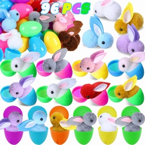 96 Pack Prefilled Easter Egg Filled with Plush Toys Sets 48 Pcs Filled Easter Eggs with 48 Pcs Bunny Inside Easter Hunt Basket Stuffers Filled Surprise Gifts for Kids Prize Supplies Party Favors