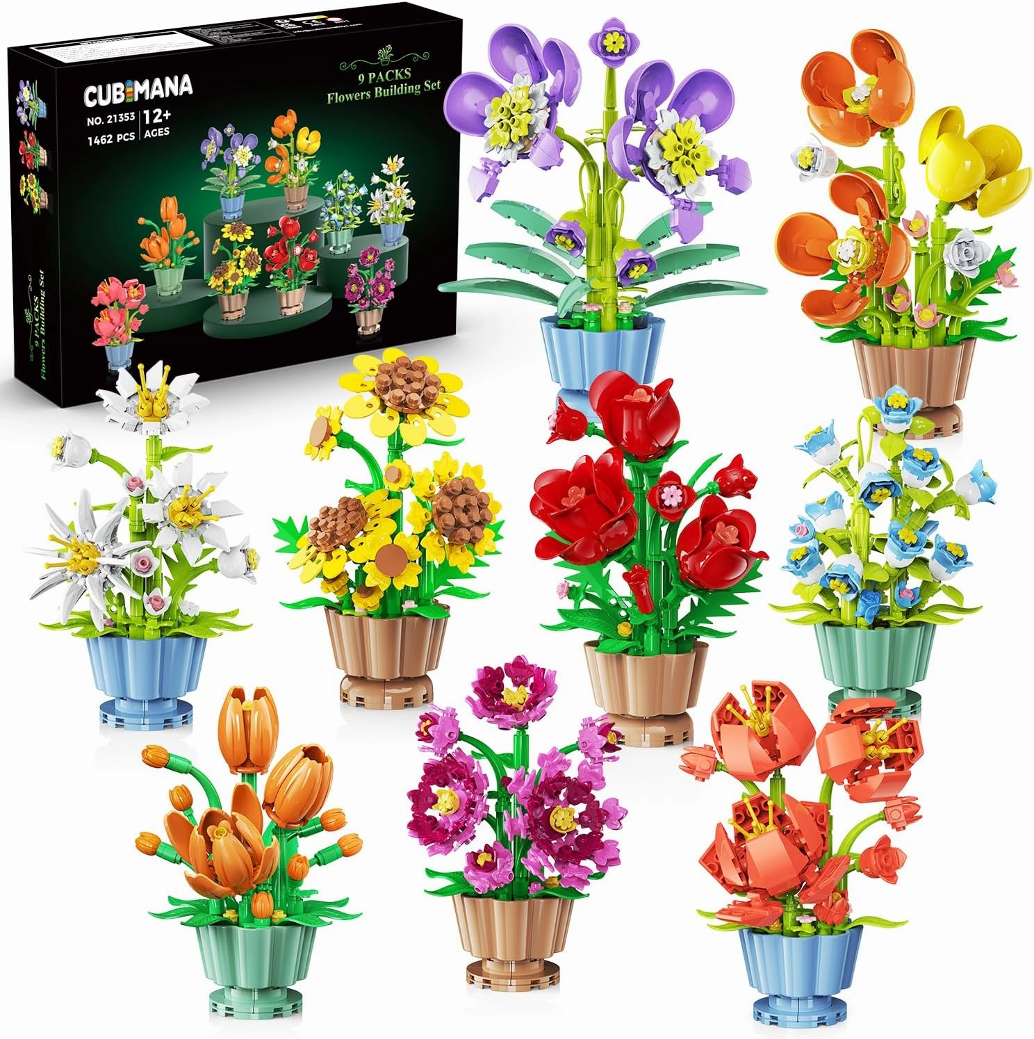 9 Pack Flowers Botanicals Collection 3.6MM Mini Building Set - 1462PCS Flower Plants Building Block Toy, Fake Indoor Flowers for Home Office Decor, Christmas Valentines Birthday Gifts for Adults Women