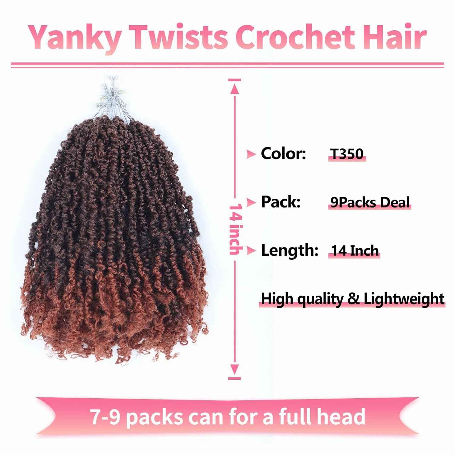 9 Packs Yanky Twist Crochet Hair 14 inch Pre-twisted Passion Twist Crochet Ombre Brown Hair Micro Spring Twist Crochet Hair Extensions Suitable for black women. (T350, 14 Inch (Pack of 9))