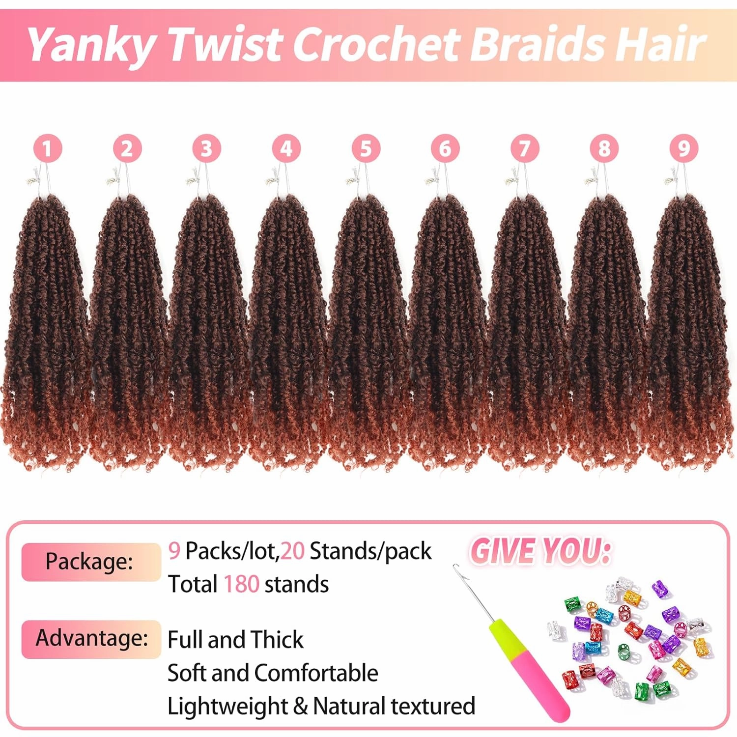 9 Packs Yanky Twist Crochet Hair 14 inch Pre-twisted Passion Twist Crochet Ombre Brown Hair Micro Spring Twist Crochet Hair Extensions Suitable for black women. (T350, 14 Inch (Pack of 9))