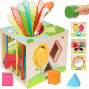 Ancaixin 6-in-1 Montessori Tissue Box Toy for 6  Months Baby, Educational 1 Year Old Girl Boy Toys, Wooden Activity Cube, Puzzles 12-18 Months, Sensory Toys for Toddlers 1-3, Baby 1st Birthday Gift