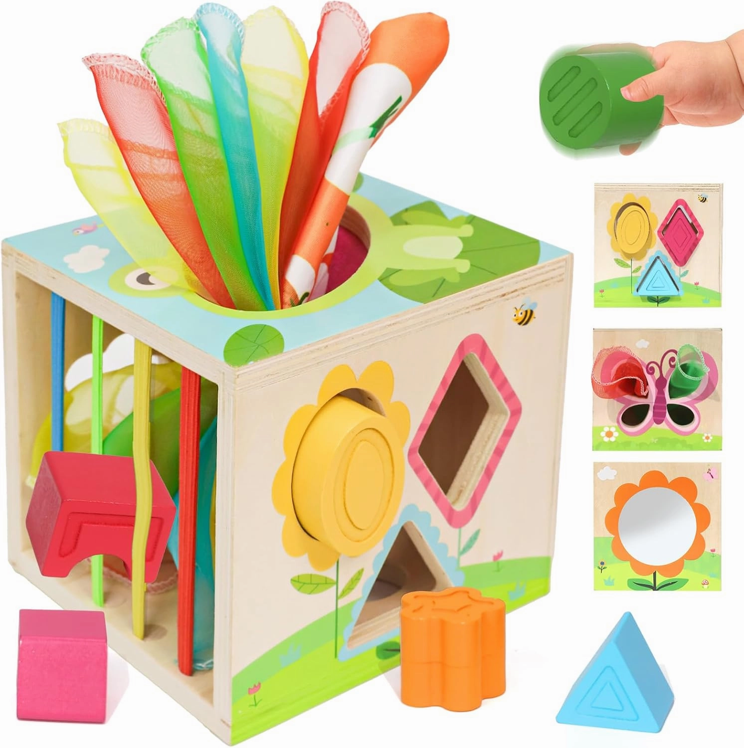Ancaixin 6-in-1 Montessori Tissue Box Toy for 6  Months Baby, Educational 1 Year Old Girl Boy Toys, Wooden Activity Cube, Puzzles 12-18 Months, Sensory Toys for Toddlers 1-3, Baby 1st Birthday Gift