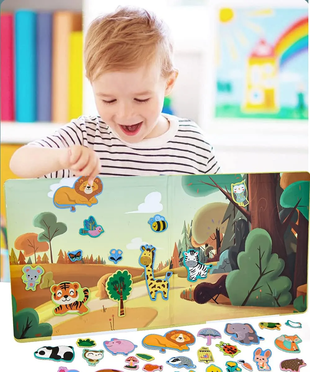 Animals Fridge Magnets for Kids, 50 PCS Refrigerator Magnets for Toddlers, Create a Scene Magnetic Play Sticker Book Travel Game Educational Toys for Kids